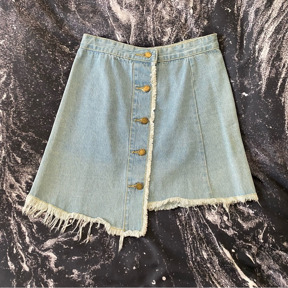 Romwe Women's Frayed Light Wash Denim Jean Asymmetrical Button Up Skirt Size M